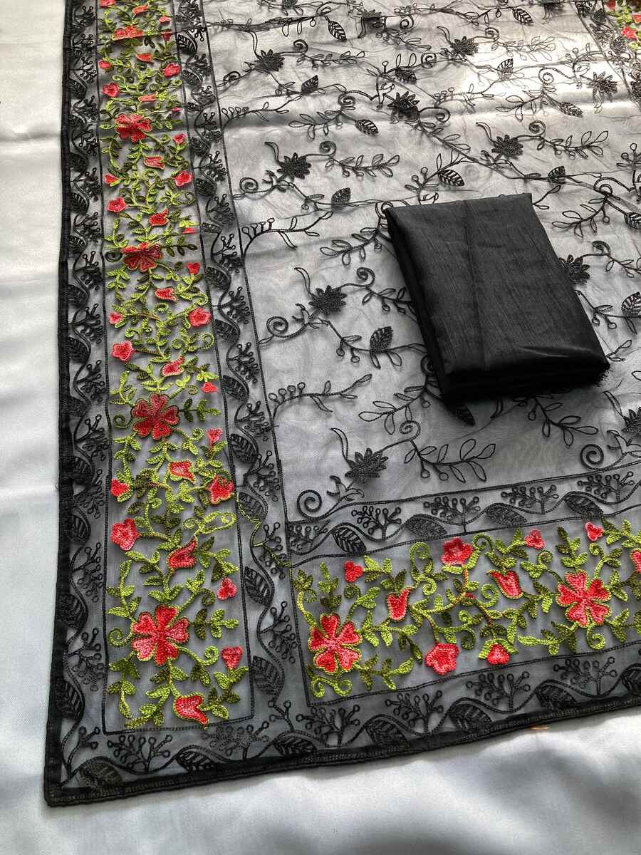 FANCY SOFT NET CHIKANKARI EMBROIDERY WITH PIPING BORDER WORK SAREE WITH UNSTITCHED BLOUSE PARTY WEAR WHOLESALE PRICE ETHNIC GARMENT (9)