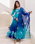 FANCY TABBY ORGANZA EMBROIDERY WITH DIGITAL PRINT WORK GOWN BOTTOM WITH DUPATTA BLUE