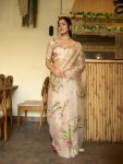 FANCY TABBY SILK FLORAL PRINT WITH BEADS, SEQUENCE AND CUT DANA HANDWORK SAREE WITH UNSTITCHED BLOUSE OFF WHITE