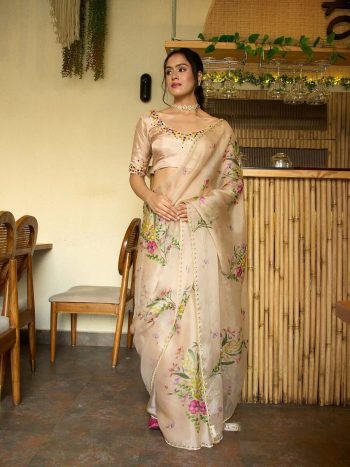 FANCY TABBY SILK FLORAL PRINT WITH BEADS, SEQUENCE AND CUT DANA HANDWORK SAREE WITH UNSTITCHED BLOUSE OFF WHITE
