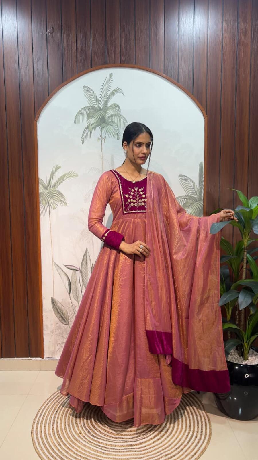 FANCY TISSUE SILK HAND WORK GOEN WITH DUPATTA FESTIVE WEAR WHOLESALE PRICE ETHNIC GARMENT (3)