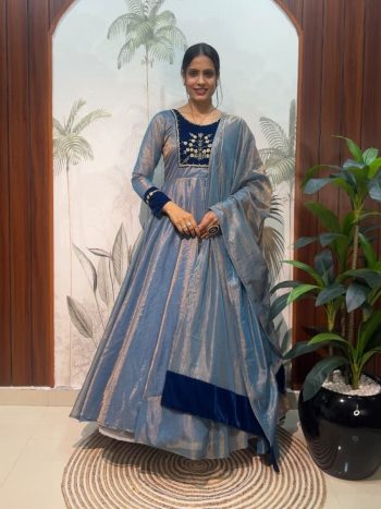 FANCY TISSUE SILK HAND WORK GOWN WITH DUPATTA BLUE