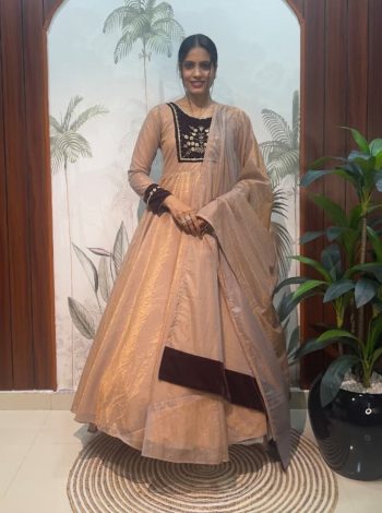 FANCY TISSUE SILK HAND WORK GOWN WITH DUPATTA PEACH