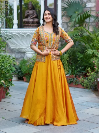 FANCY VICHITRA EMBROIDERY THARED WORK LEHENGA CHOLI WITH KOTI YELLOW