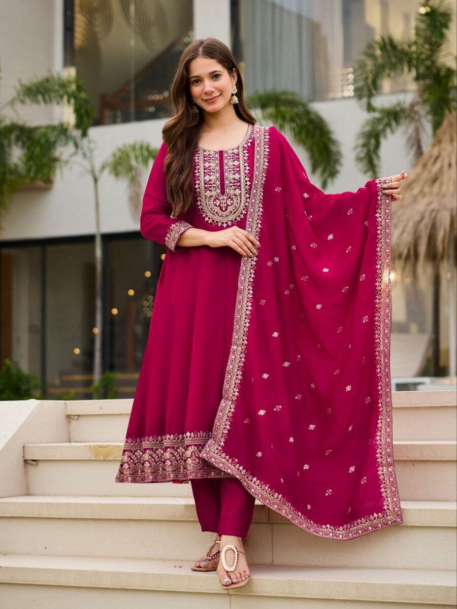 FANCY VICHITRA SILK SEQUENCE CODING EMBROIDERY WORK ANARKALI BOTTOM WITH DUPATTA FESTIVE WEAR WHOLESALE PRICE ETHNIC GARMENT (4)
