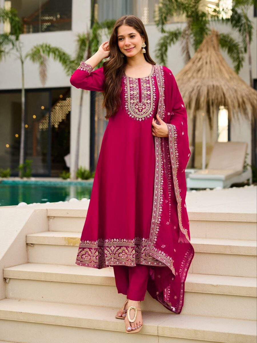 FANCY VICHITRA SILK SEQUENCE CODING EMBROIDERY WORK ANARKALI BOTTOM WITH DUPATTA FESTIVE WEAR WHOLESALE PRICE ETHNIC GARMENT (5)