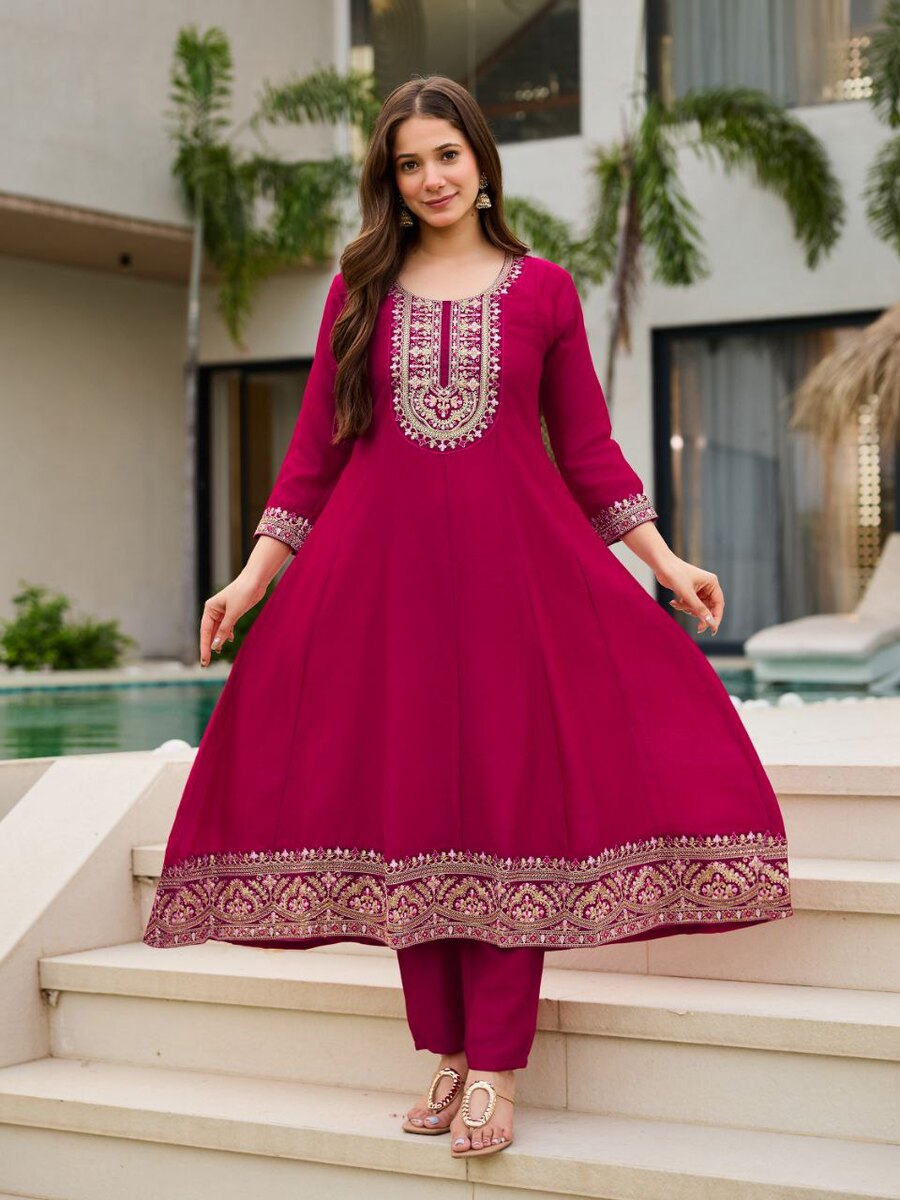FANCY VICHITRA SILK SEQUENCE CODING EMBROIDERY WORK ANARKALI BOTTOM WITH DUPATTA FESTIVE WEAR WHOLESALE PRICE ETHNIC GARMENT (8)