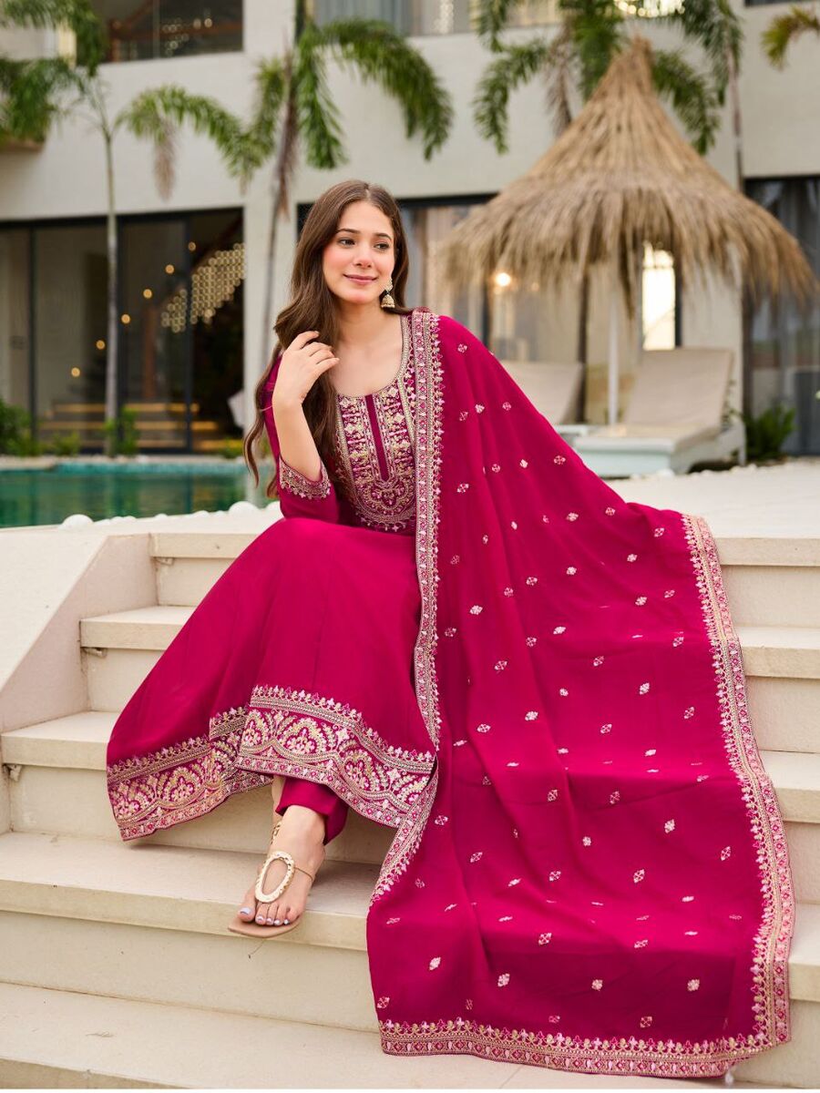 FANCY VICHITRA SILK SEQUENCE CODING EMBROIDERY WORK ANARKALI BOTTOM WITH DUPATTA FESTIVE WEAR WHOLESALE PRICE ETHNIC GARMENT (9)
