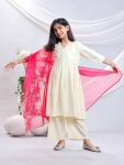 FANCY VISCOSE EMBROIDERY SEQUENCE WORK KID'S TOP BOTTOM WITH DUPATTA OFF WHITE + PINK