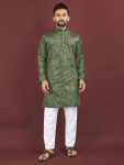 FANCY VISCOSE SILK EMBROIDERY SEQUENCE WORK MEN'S KURTA PAYJAMA MEHNDI