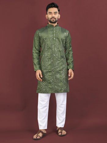 FANCY VISCOSE SILK EMBROIDERY SEQUENCE WORK MEN'S KURTA PAYJAMA MEHNDI