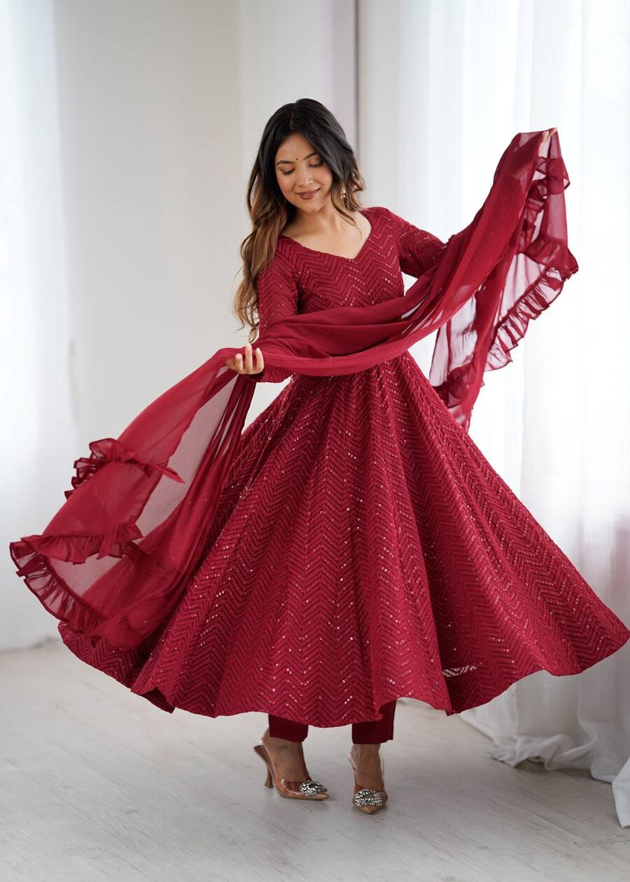 FASHIONABLE GEORGETTE LUKHNOWI SEQUENCE WORK ANARKALI GOWN BOTTOM WITH DUPATTA WEDDING WEAR WHOLESALE PRICE ETHNIC GARMENT (14)