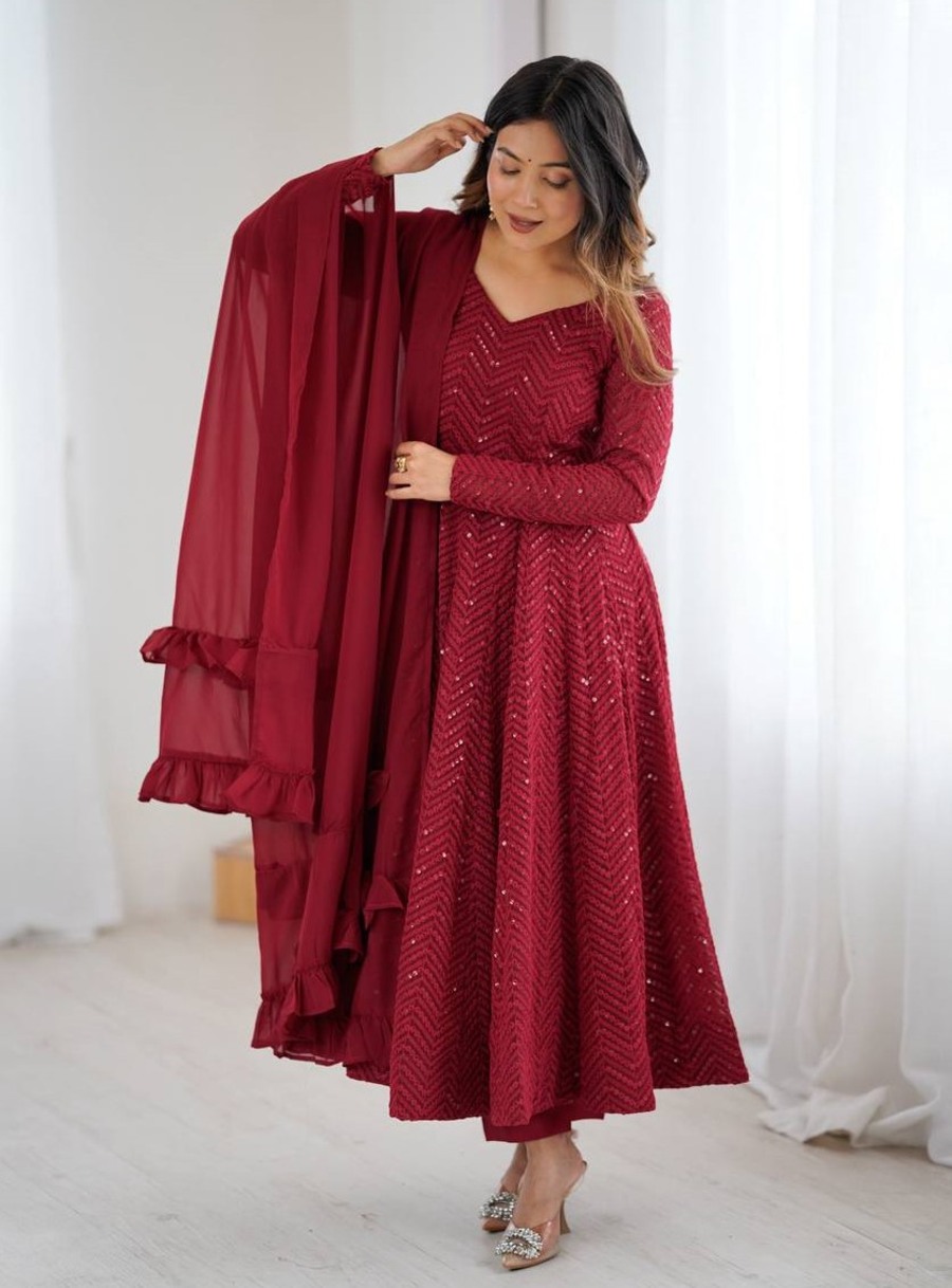 FASHIONABLE GEORGETTE LUKHNOWI SEQUENCE WORK ANARKALI GOWN BOTTOM WITH DUPATTA WEDDING WEAR WHOLESALE PRICE ETHNIC GARMENT (2)