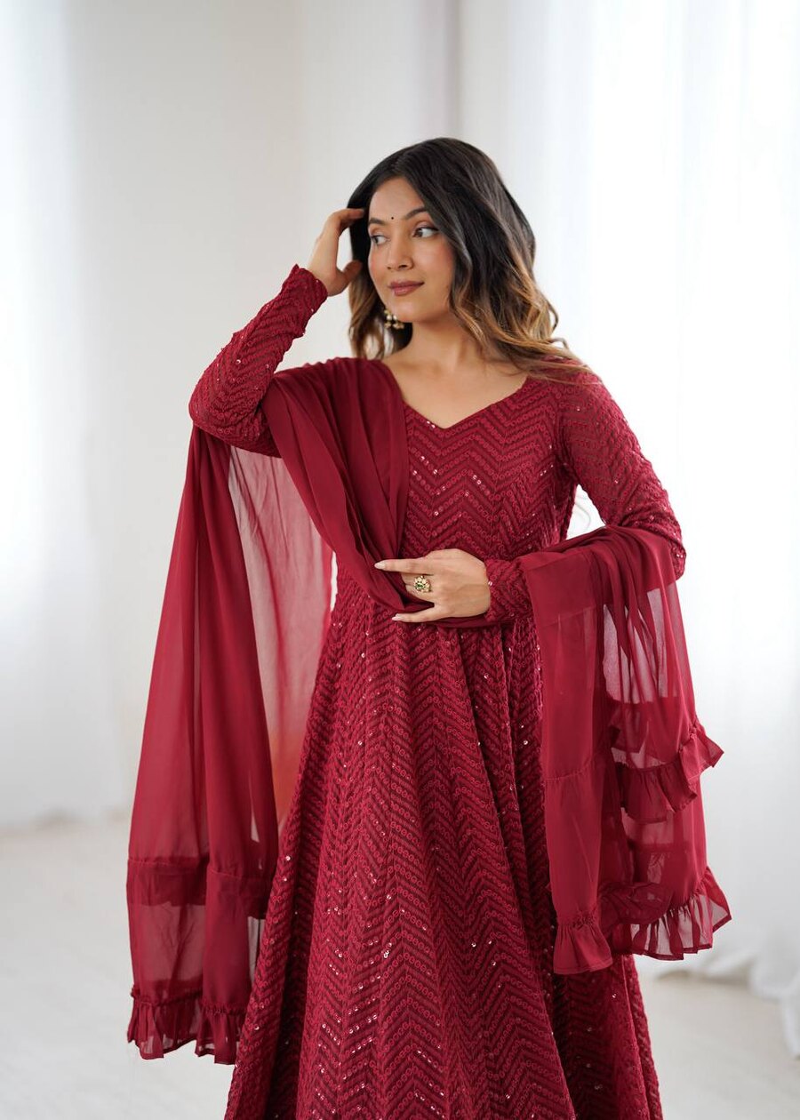 FASHIONABLE GEORGETTE LUKHNOWI SEQUENCE WORK ANARKALI GOWN BOTTOM WITH DUPATTA WEDDING WEAR WHOLESALE PRICE ETHNIC GARMENT (3)