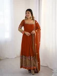 FASHIONABLE GEORGETTE MULTI THREAD HEAVY EMBROIDERY SEQUENCE WORK GOWN BOTTOM WITH DUPATTA ORANGE