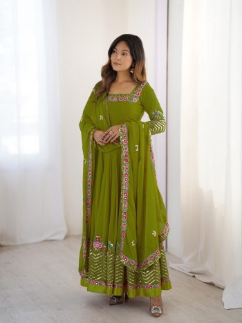 FASHIONABLE GEORGETTE MULTI THREAD HEAVY EMBROIDERY SEQUENCE WORK GOWN BOTTOM WITH DUPATTA GREEN
