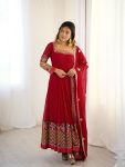 FASHIONABLE GEORGETTE MULTI THREAD HEAVY EMBROIDERY SEQUENCE WORK GOWN BOTTOM WITH DUPATTA RED