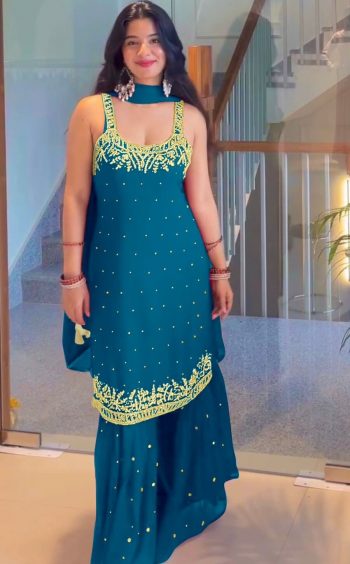 GEORGETTE EMBROIDERY SEQUENCE WORK WITH RIVET MOTI WORK HAND WORK TOP SHARARA WITH DUPATTA BLUE