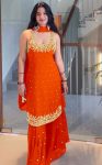 GEORGETTE EMBROIDERY SEQUENCE WORK WITH RIVET MOTI WORK HAND WORK TOP SHARARA WITH DUPATTA ORANGE