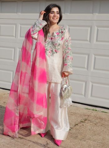 GORGEOUS CREPE SILK EMBROIDERY SEQUENCE WORK TOP PATIYALA WITH DUPATTA CREAM