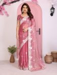 LATEST CHIFFON SILK EMBROIDERY WITH PIPING BORDER WORK SAREE WITH UNSTITCHED BLOUSE BABY PINK