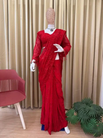 LATEST GEORGETTE EMBROIDERY SEQUENCE WORK WITH BACK PATCH LACE WORK SAREE WITH STITCHED BLOUSE RED