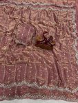 LATEST SPACE SILK BEADS AND SEQUENCE EMBROIDERY WORK SAREE WITH UNSTITCHED BLOUSE CHIKU