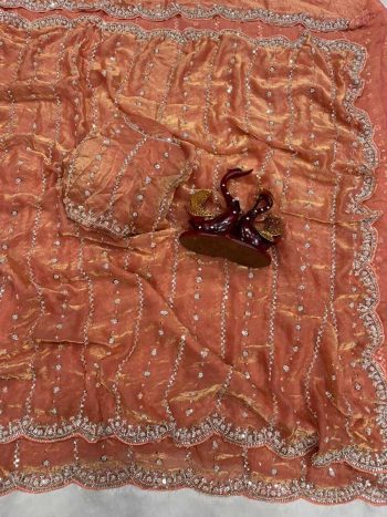 LATEST SPACE SILK BEADS AND SEQUENCE EMBROIDERY WORK SAREE WITH UNSTITCHED BLOUSE ORANGE