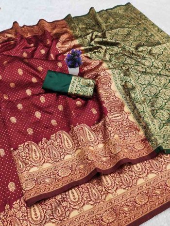 MODERN BANARASI SILK WEAVING WORK SAREE WITH UNSTITCHED BLOUSE MAROON
