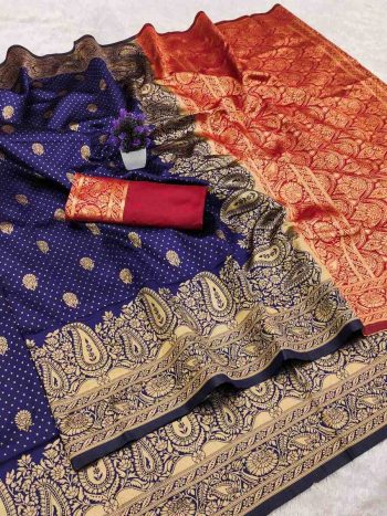 MODERN BANARASI SILK WEAVING WORK SAREE WITH UNSTITCHED BLOUSE NAVY BLUE