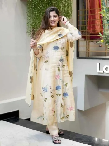 MODERN CHANDERI COTTON EMBROIDERY WORK TOP BOTTOM WITH DUPATTA OFF WHITE