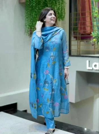 MODERN CHANDERI COTTON EMBROIDERY WORK TOP BOTTOM WITH DUPATTA SKY