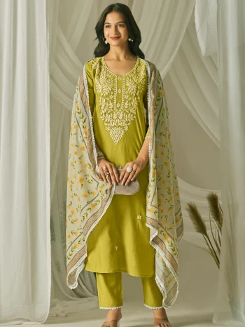 MODERN CHANDERI SILK CHIKANKARI WORK TOP BOTTOM WITH DUPATTA PARROT GREEN