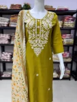 MODERN CHANDERI SILK CHIKANKARI WORK TOP BOTTOM WITH DUPATTA FESTIVE WEAR WHOLESALE PRICE ETHNIC GARMENT (11)