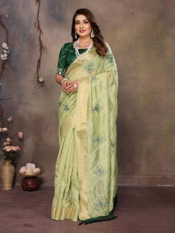 MODERN CHIFFON NET EMBROIDERY WITH SEQUENCE WORK SAREE WITH UNSTITCHED BLOUSE PISTA