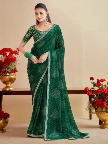 MODERN CHIFFON SILK BANDHANI PRINT WITH EMBROIDERY LACE BORDER WORK SAREE WITH UNSTITCHED BLOUSE GREEN