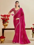 MODERN CHIFFON SILK BANDHANI PRINT WITH EMBROIDERY LACE BORDER WORK SAREE WITH UNSTITCHED BLOUSE RANI