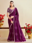 MODERN CHIFFON SILK BANDHANI PRINT WITH EMBROIDERY LACE BORDER WORK SAREE WITH UNSTITCHED BLOUSE WINE
