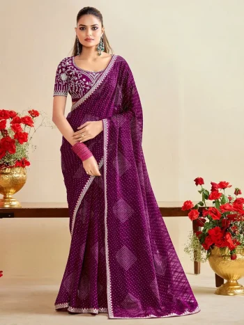 MODERN CHIFFON SILK BANDHANI PRINT WITH EMBROIDERY LACE BORDER WORK SAREE WITH UNSTITCHED BLOUSE WINE
