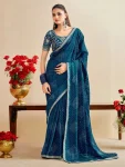 MODERN CHIFFON SILK BANDHANI PRINT WITH EMBROIDERY LACE BORDER WORK SAREE WITH UNSTITCHED BLOUSE TEAL