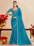MODERN CHIFFON SILK BANDHANI PRINT WITH EMBROIDERY LACE BORDER WORK SAREE WITH UNSTITCHED BLOUSE SKY