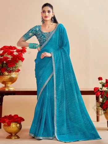 MODERN CHIFFON SILK BANDHANI PRINT WITH EMBROIDERY LACE BORDER WORK SAREE WITH UNSTITCHED BLOUSE SKY