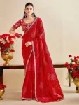 MODERN CHIFFON SILK BANDHANI PRINT WITH EMBROIDERY LACE BORDER WORK SAREE WITH UNSTITCHED BLOUSE RED