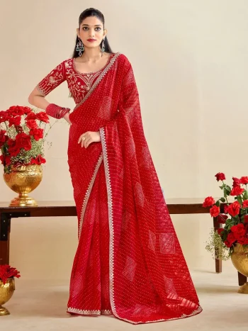 MODERN CHIFFON SILK BANDHANI PRINT WITH EMBROIDERY LACE BORDER WORK SAREE WITH UNSTITCHED BLOUSE RED