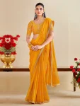 MODERN CHIFFON SILK BANDHANI PRINT WITH EMBROIDERY LACE BORDER WORK SAREE WITH UNSTITCHED BLOUSE YELLOW