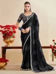 MODERN CHIFFON SILK BANDHANI PRINT WITH EMBROIDERY LACE BORDER WORK SAREE WITH UNSTITCHED BLOUSE BLACK