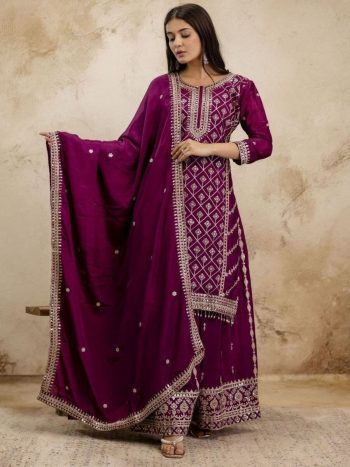 MODERN CHINON CODING SEQUENCE EMBROIDERY WORK TOP PALAZZO WITH DUPATTA  WINE
