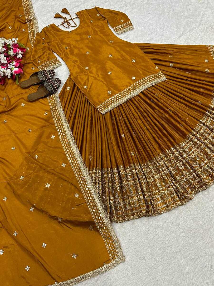 MODERN CHINON SILK SEQUENCE EMBROIDERY WORK TOP LEHENGA WITH DUPATTA WEDDING WEAR WHOLESALE PRICE ETHNIC GARMENT (1)