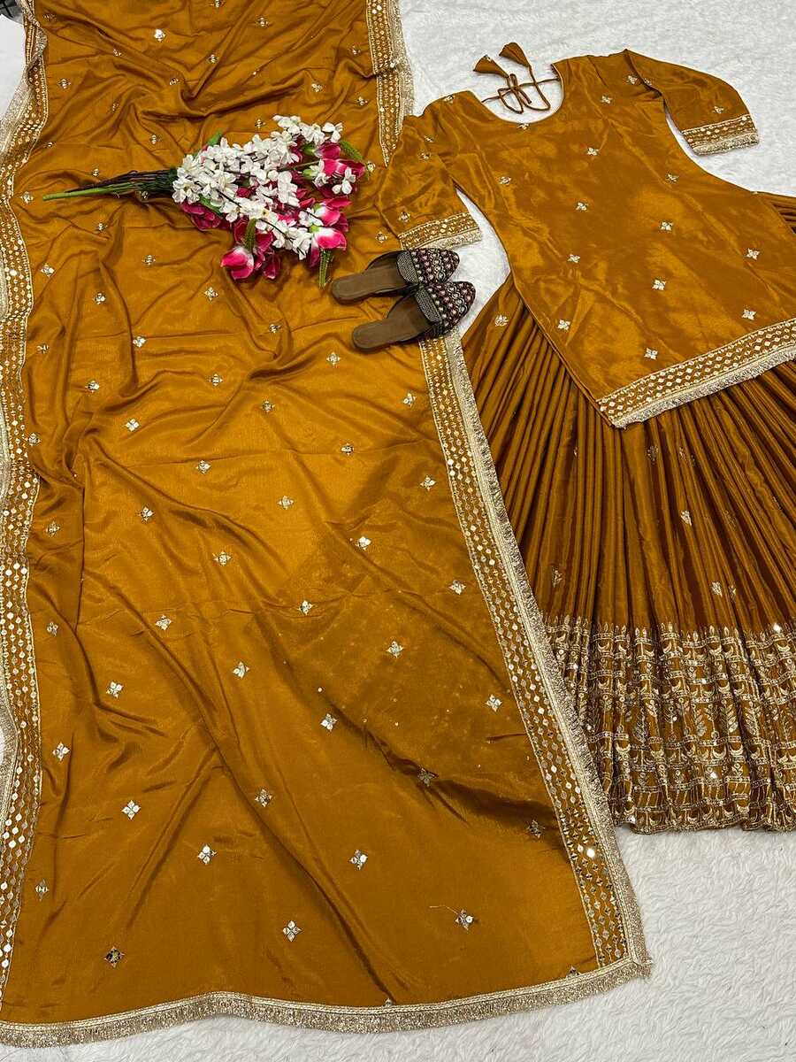 MODERN CHINON SILK SEQUENCE EMBROIDERY WORK TOP LEHENGA WITH DUPATTA WEDDING WEAR WHOLESALE PRICE ETHNIC GARMENT (10)