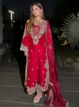 MODERN CHINON SILK THREAD & SEQUENCE EMBROIDERY WORK TOP, BLOUSE ,BOTTOM AND WITH DUPATTA RED